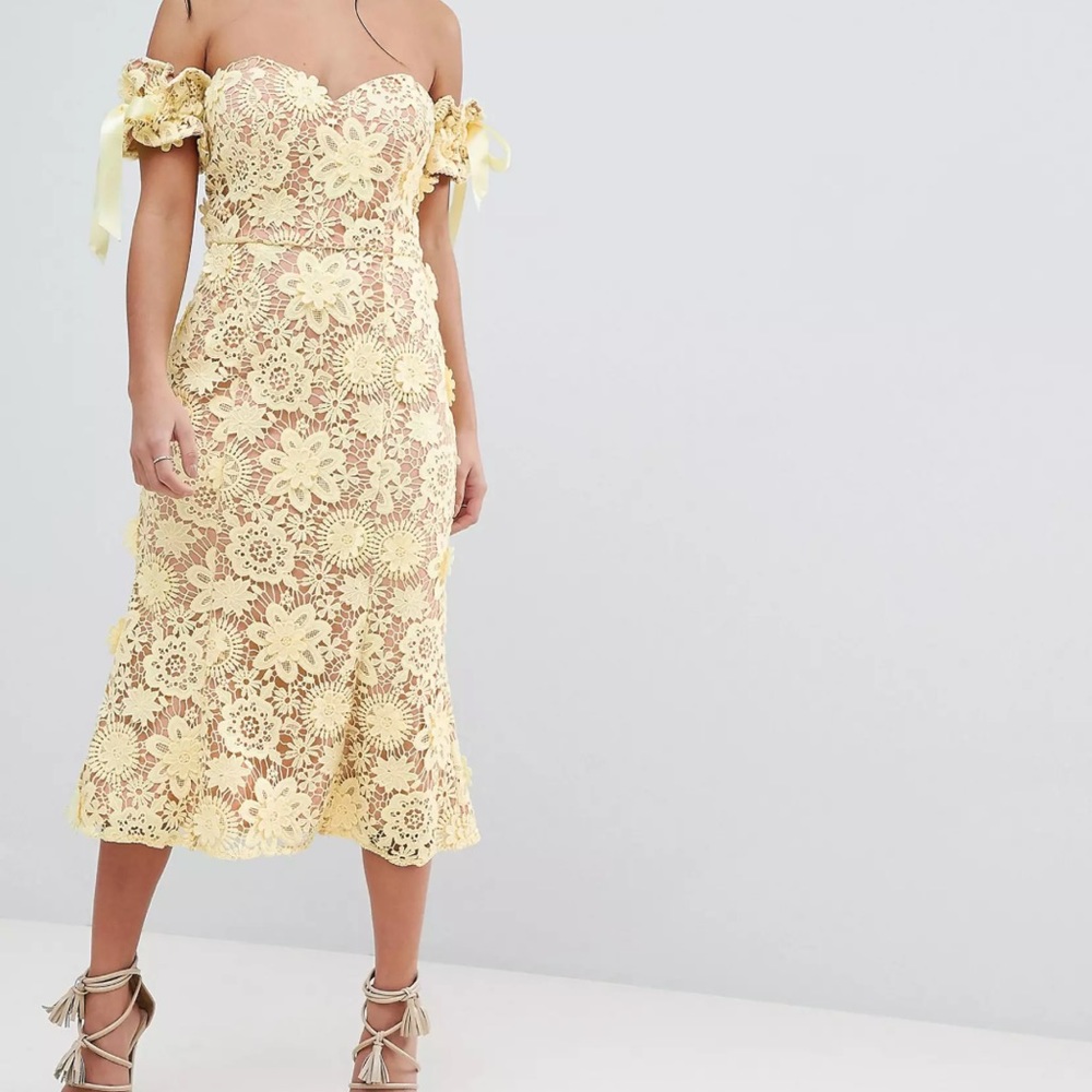 Off-Shoulder Yellow Floral Lace Midi Dress